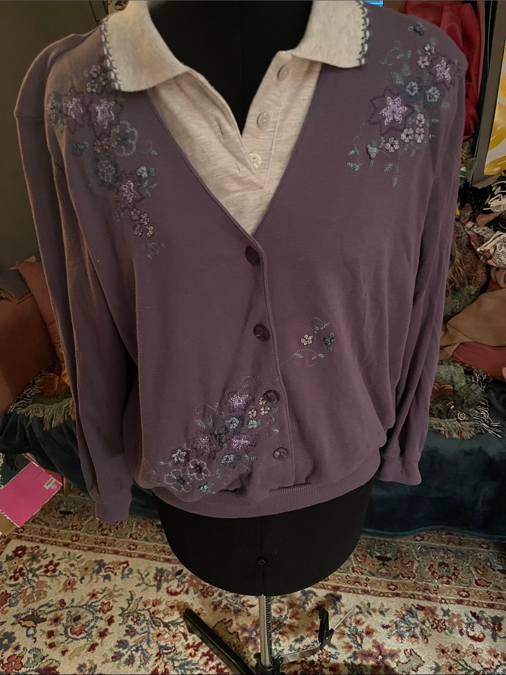Alfred Dunner Lavender Purple Embroidered Button-Front Sweater
